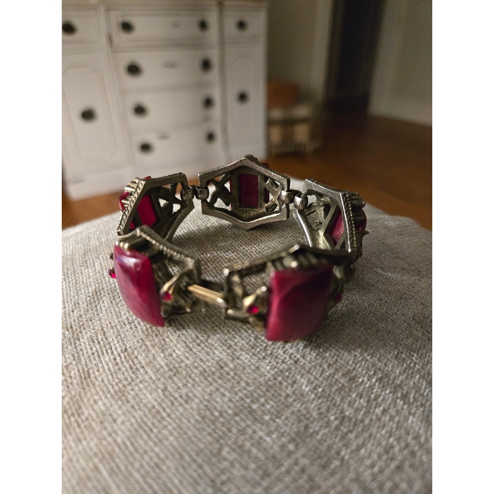 Red Marbled Acrylic Panel Bracelet Vintage Brass 7" Art Nouveau Design